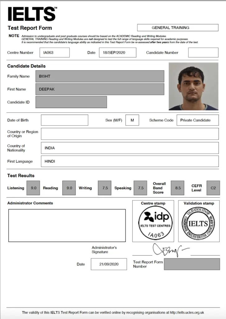 IELTS Result Certificate of Deepak with overall band performance