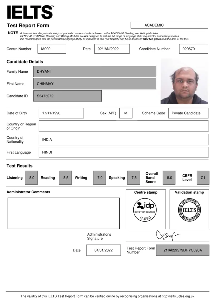 Official IELTS Test Report Form of Dhyani Chinmaya candidate result