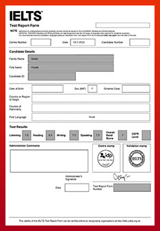 IELTS result card of Hrushi showing official band score