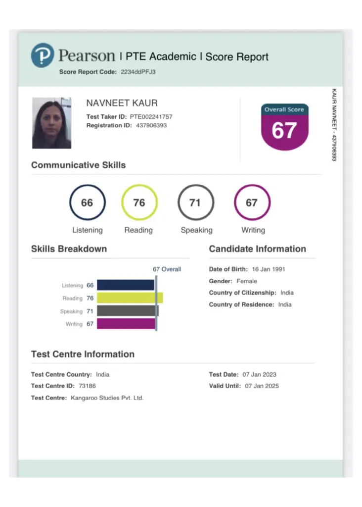 Official PTE Exam Score Report of Navneet student result