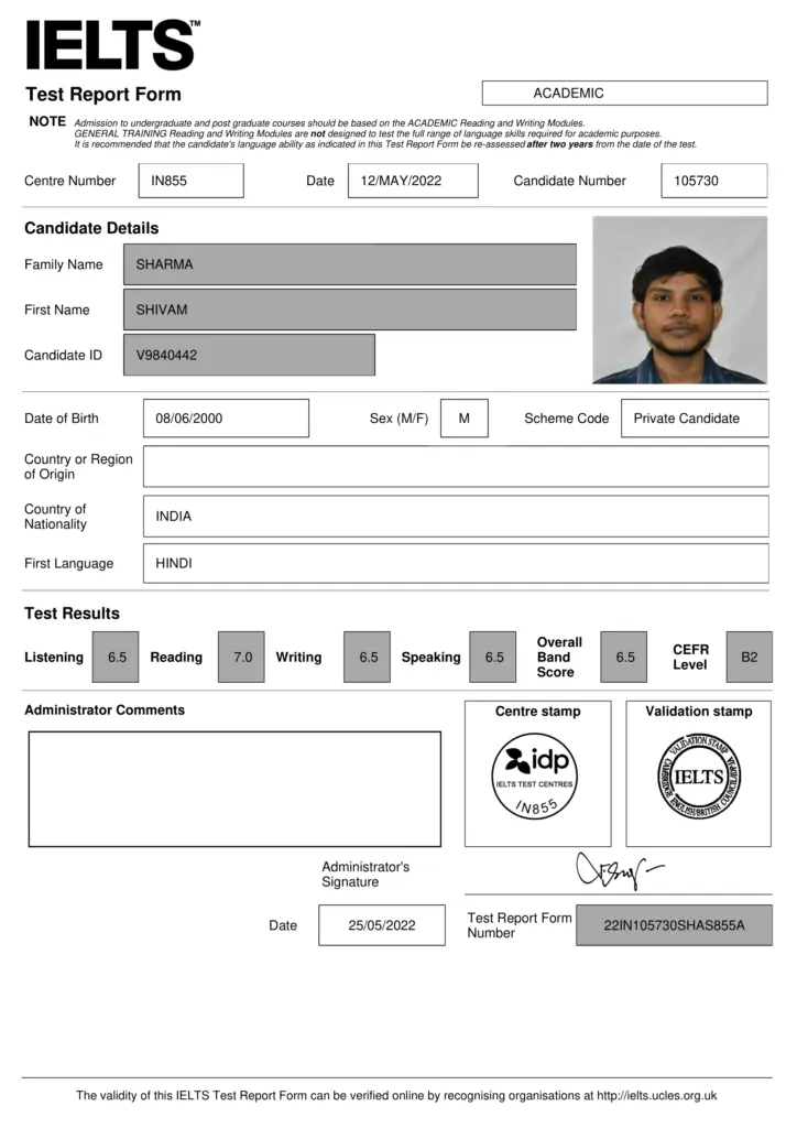 Certified IELTS Band Score Report of Shivam Sharma candidate