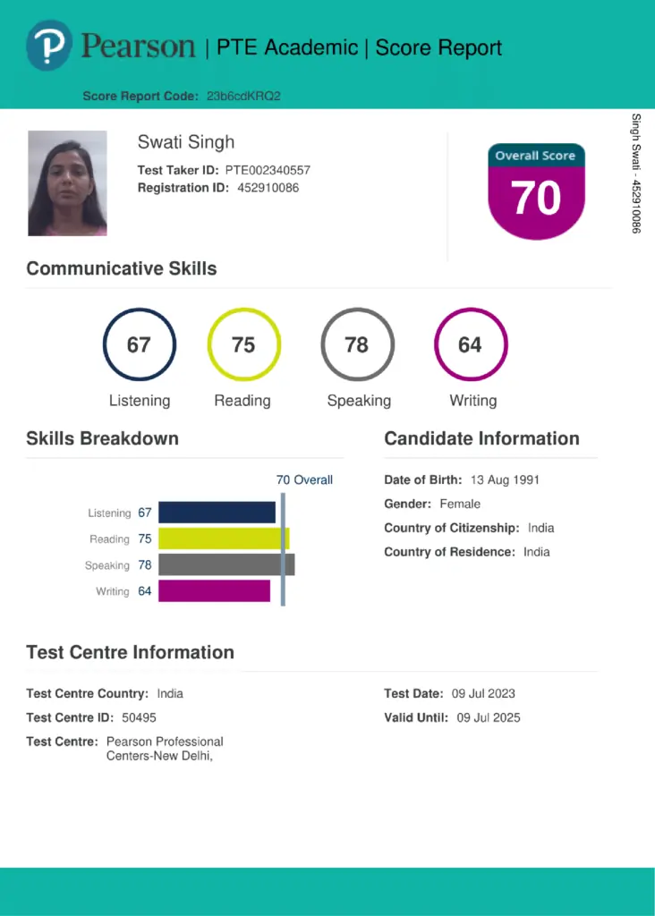 PTE Academic result card of Swati Singh showing exam performance